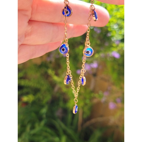Blue Evil Eye Yellow Gold Tone Double Sided Glass Dangle Charm Dainty Bracelet - Picture 2 of 4